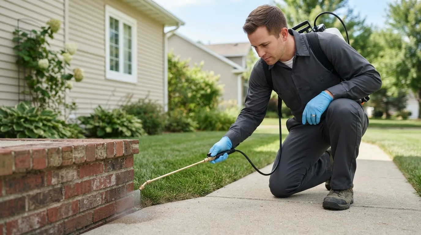 Pest control technician treating a home near Cogswell, ND