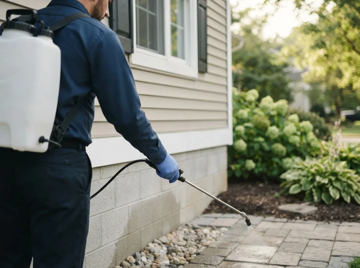 Pest control technician inspecting a home in Cogswell, ND